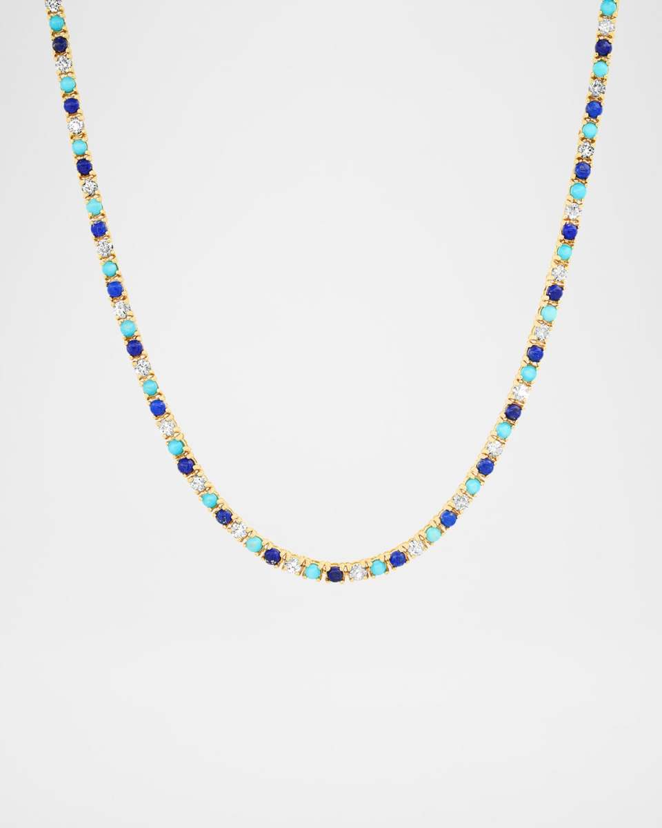 18K Yellow Gold Small 4 Prong Tennis Necklace with Diamonds, Lapis and Turquoise